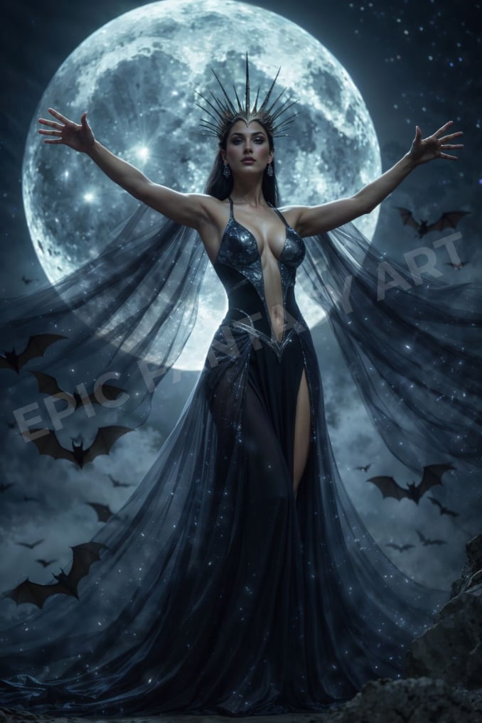 Epic fantasy art of the Queen of Night summoning darkness beneath a full moon.