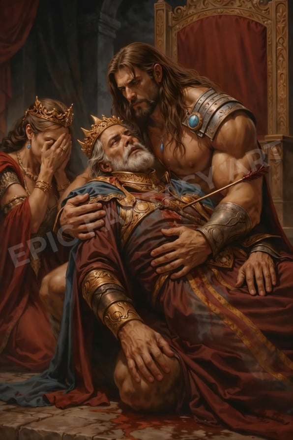 Epic fantasy art of a barbarian warrior holding a dying king beside the royal throne.