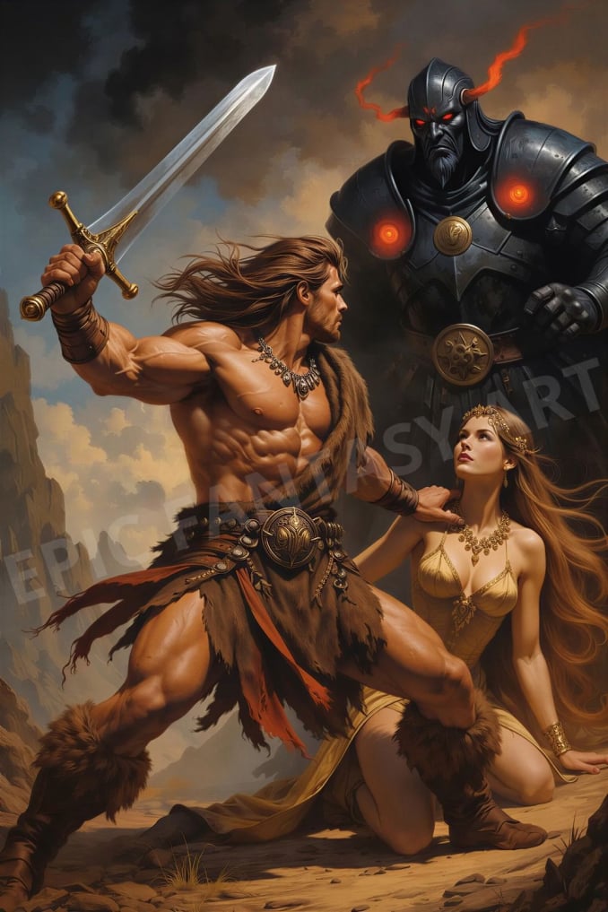 Epic fantasy art of a barbarian warrior protecting a princess from an evil dark knight.