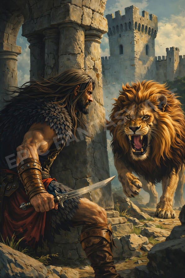 Epic fantasy art of a barbarian warrior facing a lion in an ancient castle.