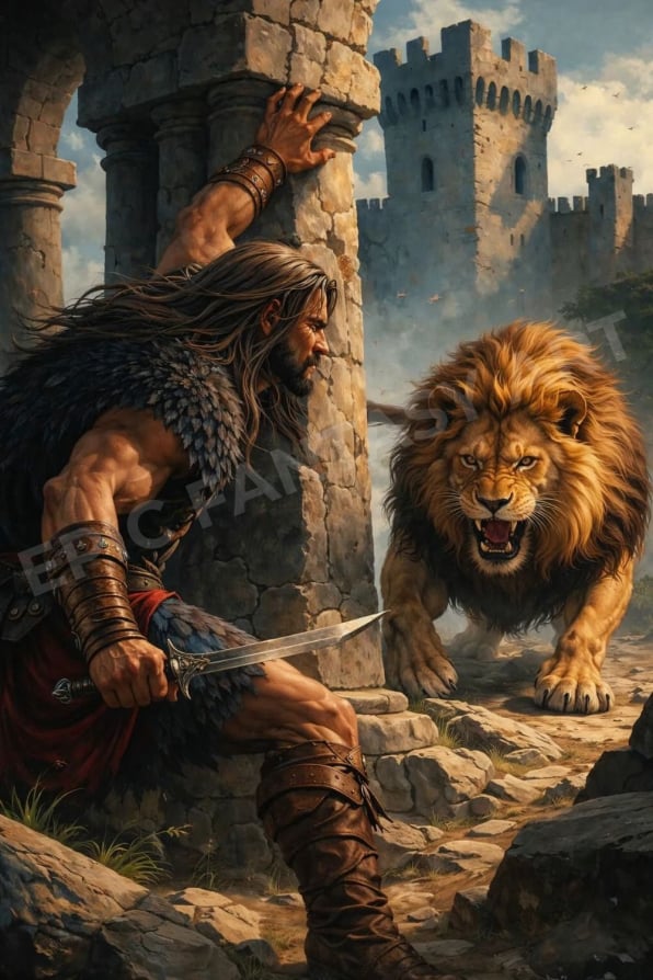 Epic fantasy art of a lion preparing to leap at a barbarian warrior in an ancient castle.