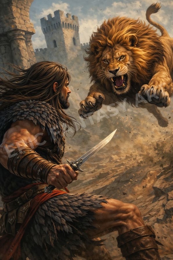 Epic fantasy art of a barbarian warrior defending against a leaping lion with a dagger.