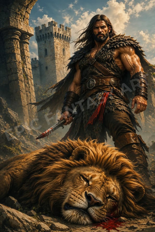 Epic fantasy art of a barbarian warrior standing over a defeated lion.
