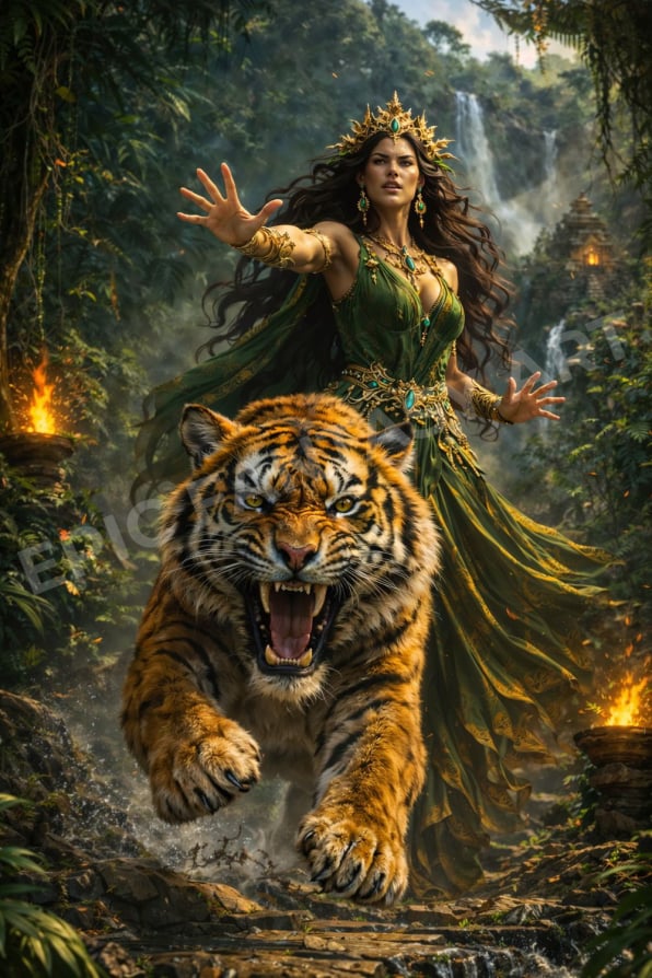 Epic fantasy art of a tiger attacking enemies under the command of the Jungle Queen.