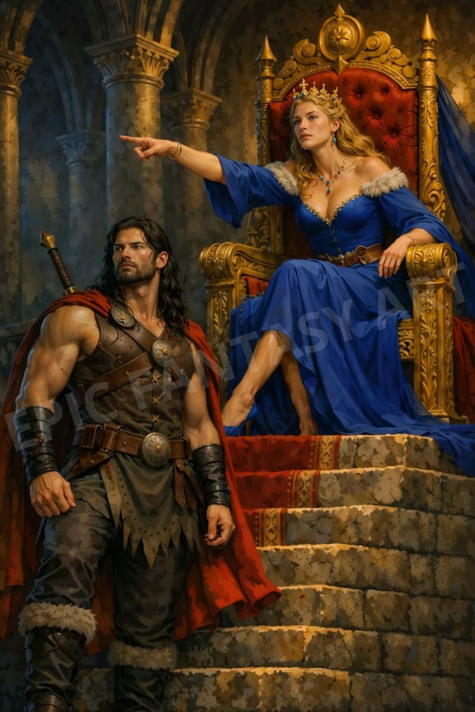 Epic fantasy art of a barbarian warrior standing before a queen on her throne.