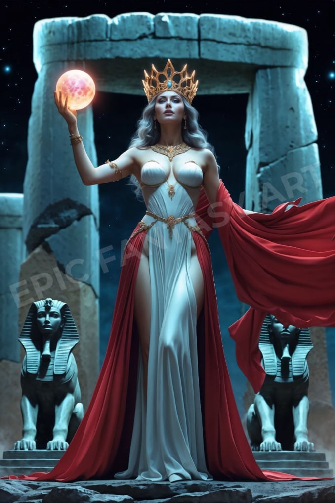 Epic fantasy art of the Queen of Magic holding a glowing crystal ball.