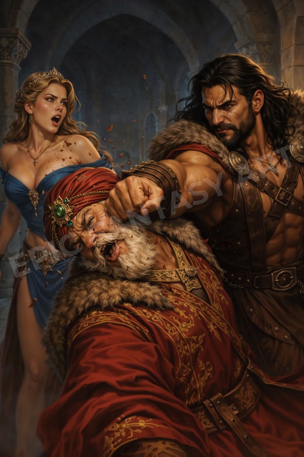 Epic fantasy art of a barbarian warrior rescuing a young woman from danger.