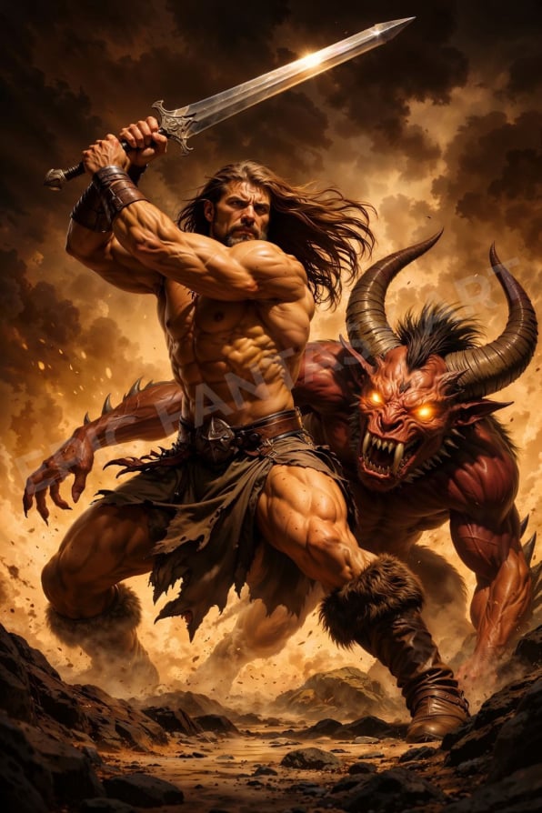 Epic fantasy art of a barbarian warrior threatened by a demon from behind.