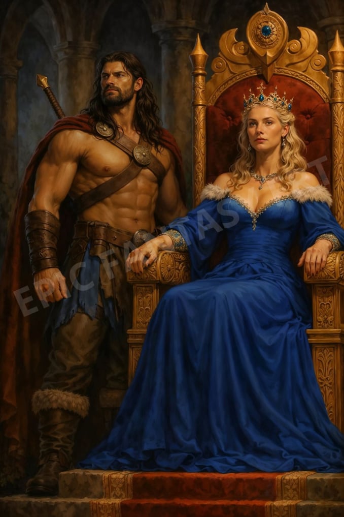 Epic fantasy art of a queen giving orders to a barbarian warrior.