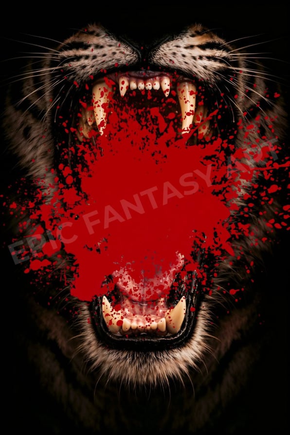 Epic fantasy art of a tiger overpowering enemies in a fierce jungle battle.