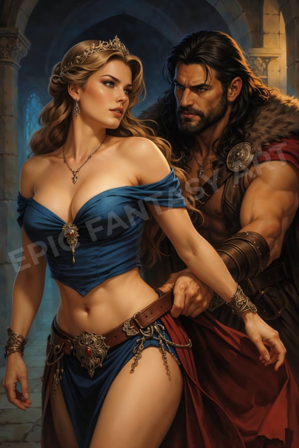 Epic fantasy art of a barbarian warrior and a young woman falling in love.