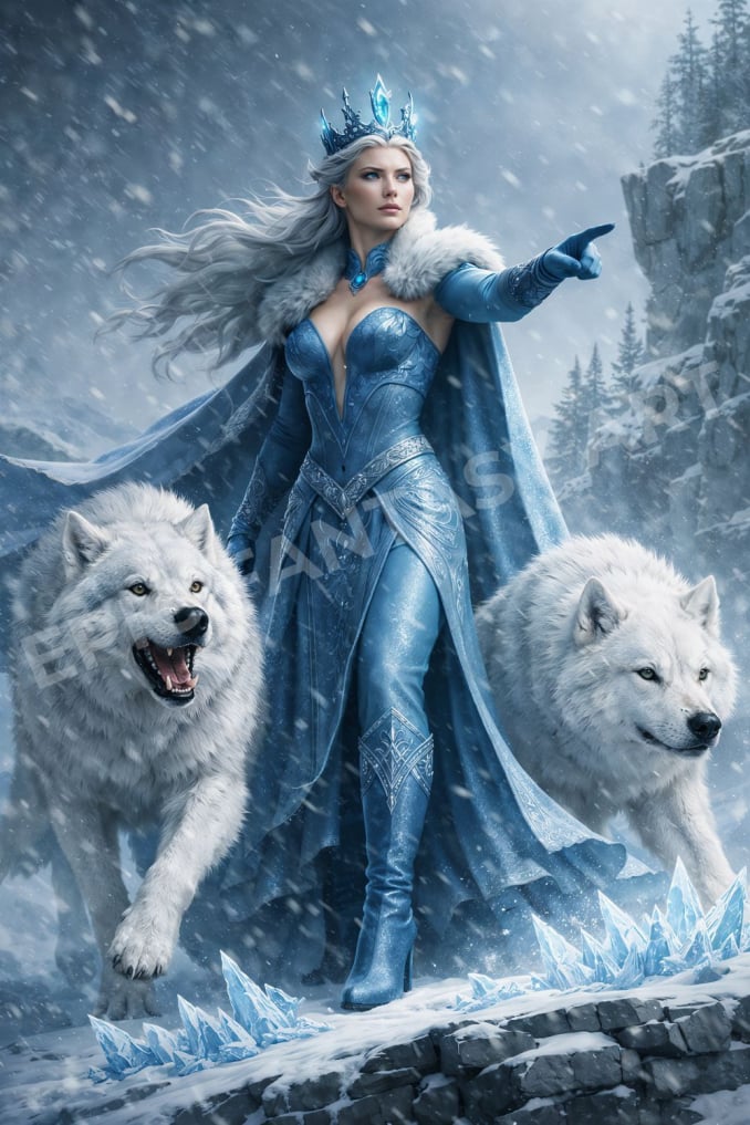 Epic fantasy art of the Queen of Frost commanding polar wolves.