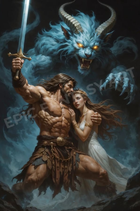 Epic fantasy art of a barbarian warrior protecting a sacrificial woman from an ancient hell demon.