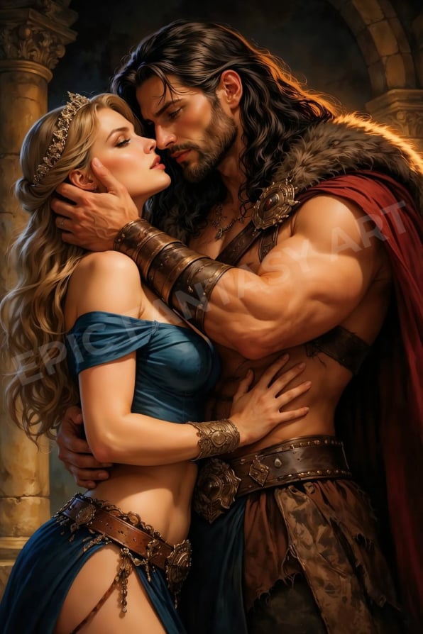 Epic fantasy art of a barbarian warrior and a young woman sharing a romantic kiss.