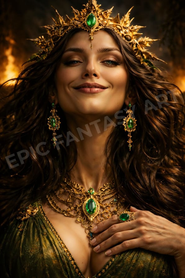 Epic fantasy art of the Jungle Queen's powerful smile after victory.