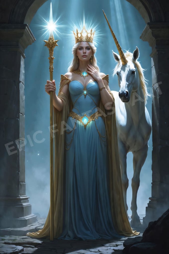 Epic fantasy art of the Queen of Light standing beside a mystical unicorn.