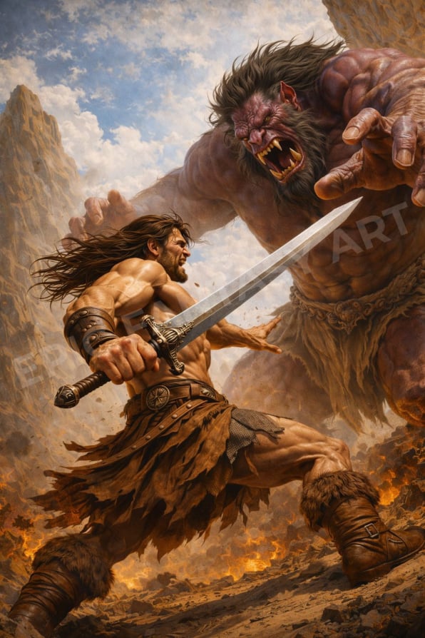 Epic fantasy art of a barbarian warrior battling a mountain troll.