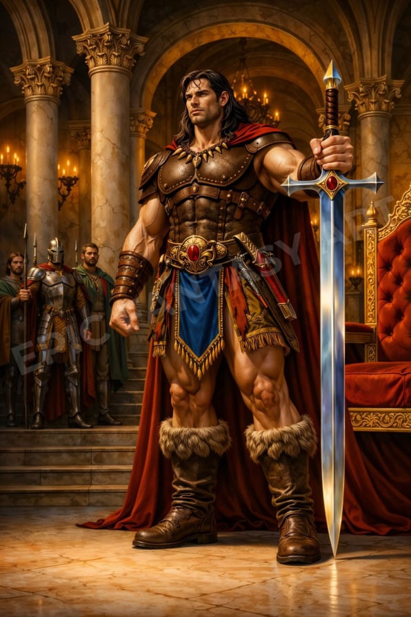 Epic fantasy art of a barbarian warrior standing guard beside a royal throne.