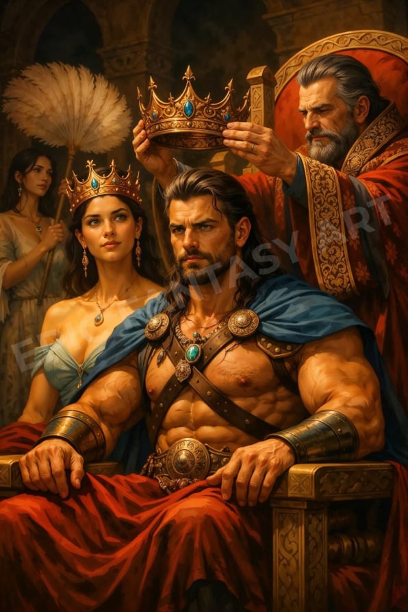 Epic fantasy art of a barbarian warrior being crowned beside a queen.