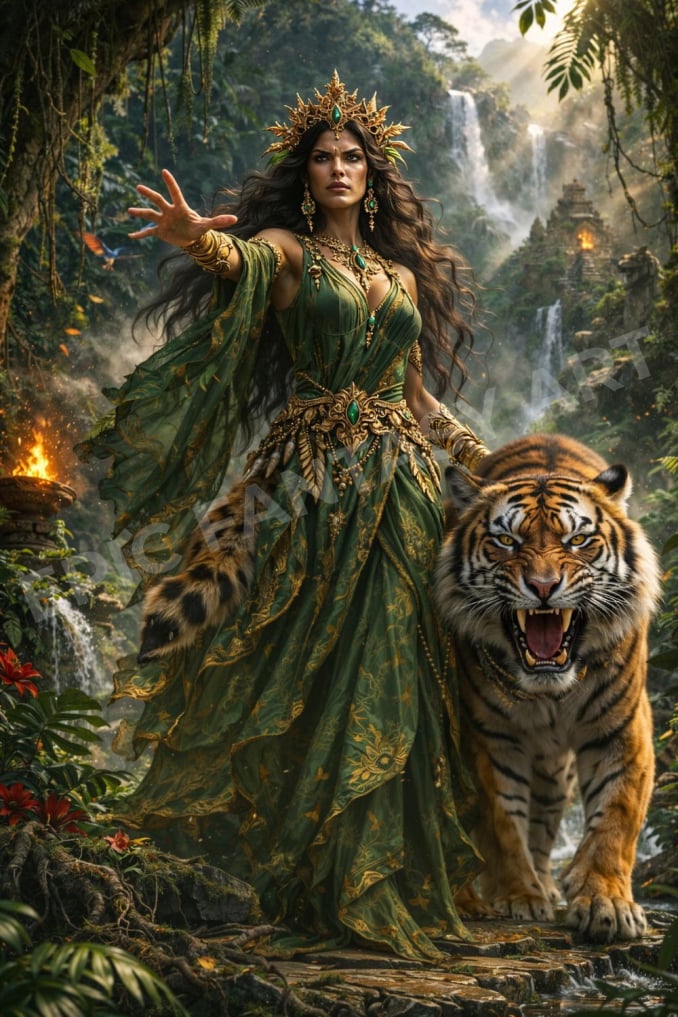 Epic fantasy art of the Jungle Queen commanding a tiger.