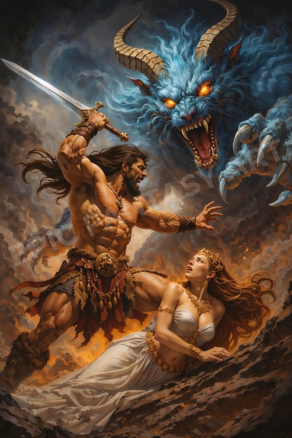 Epic fantasy art of a barbarian warrior rescuing a sacrificial woman from an ancient demon.