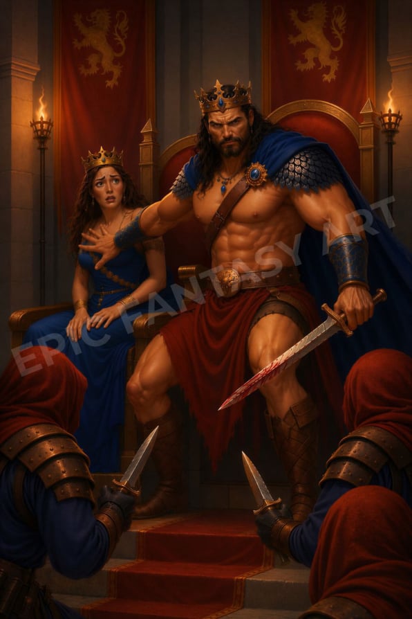 Epic fantasy art of a barbarian king defending his queen from conspirators.