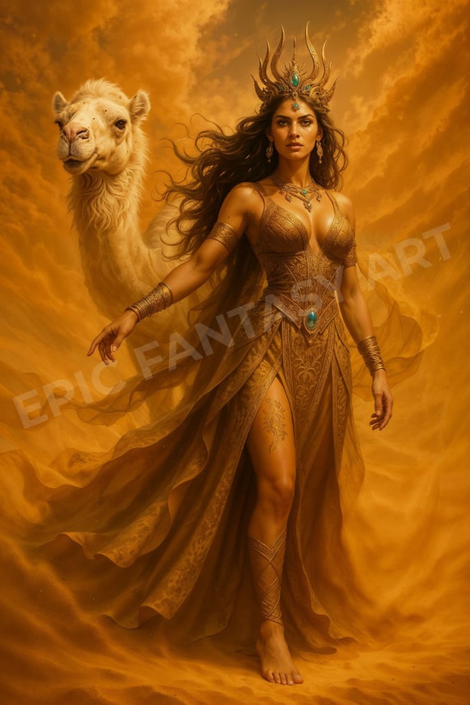 Epic fantasy art of the Desert Queen standing in a sandstorm with a camel behind her.