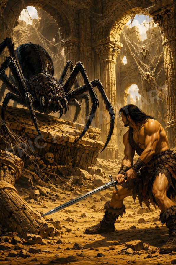 Epic fantasy art of a barbarian warrior confronting a giant spider in an abandoned castle.