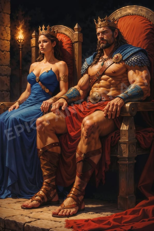 Epic fantasy art of a barbarian king and queen seated on the royal throne.
