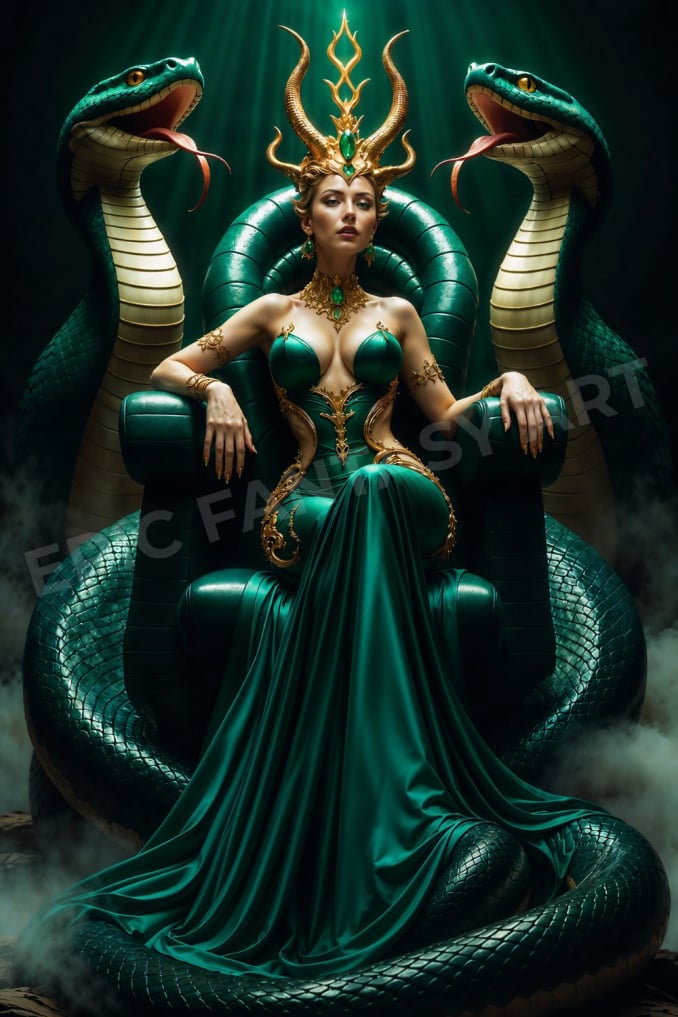 Epic fantasy art of the Snake Queen sitting on a throne guarded by giant serpents.