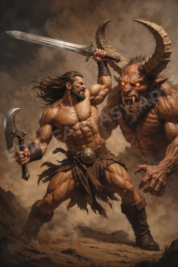 Epic fantasy art of a barbarian warrior confronting a demon with sword and axe.