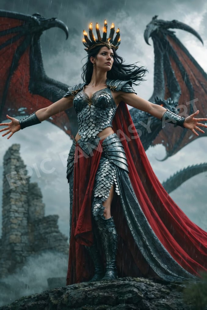 Epic fantasy art of the Dragon Queen standing in a ruined castle with a flying dragon behind her.  Перевод: