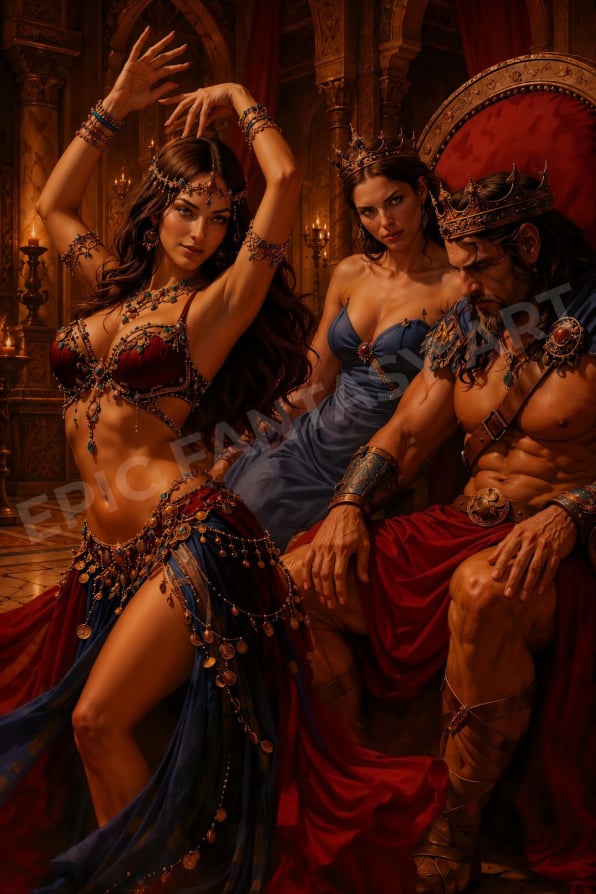 Epic fantasy art of a barbarian king admiring a dancer as the queen looks on disapprovingly.