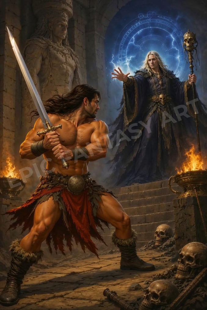 Epic fantasy art of a barbarian warrior confronting a dark sorcerer casting a spell.