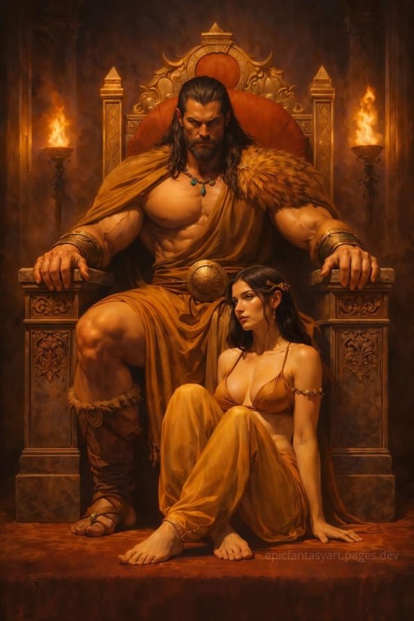 Epic fantasy art of a barbarian warrior sitting on a throne with a concubine beside him.