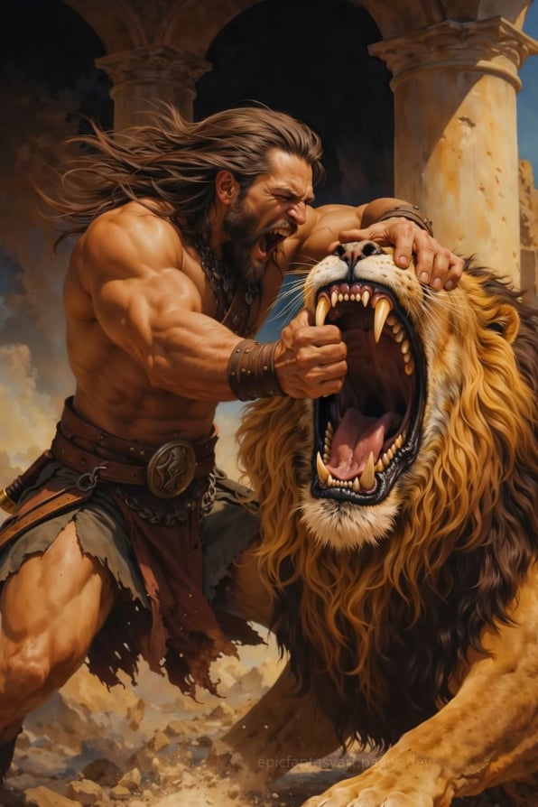 Epic fantasy art of a barbarian warrior battling a lion in a fierce struggle.