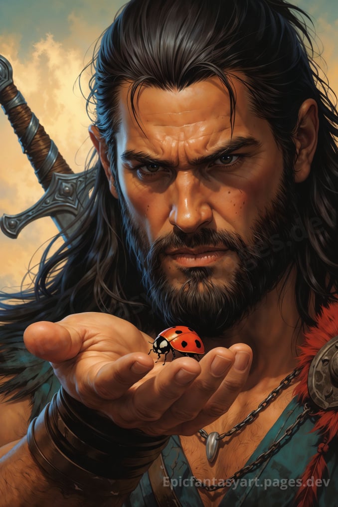 Epic fantasy art of a barbarian warrior charging on horseback with a sword pointed forward.