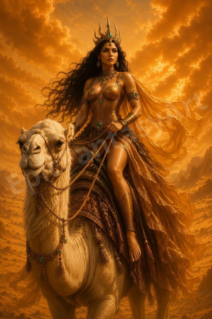Desert Queen riding a camel across the vast desert in search of the Hidden City