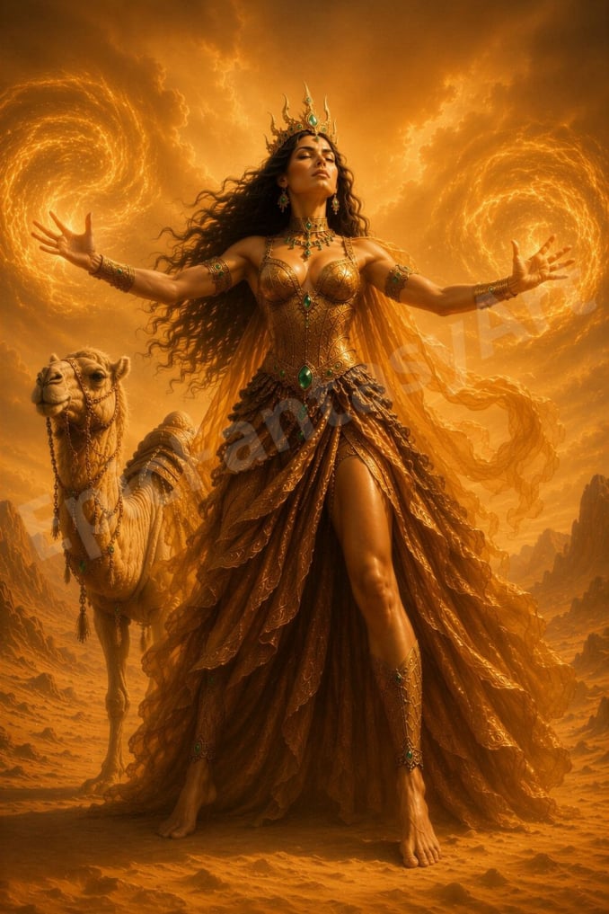 Desert Queen performing ancient magic before a mysterious obelisk in the desert